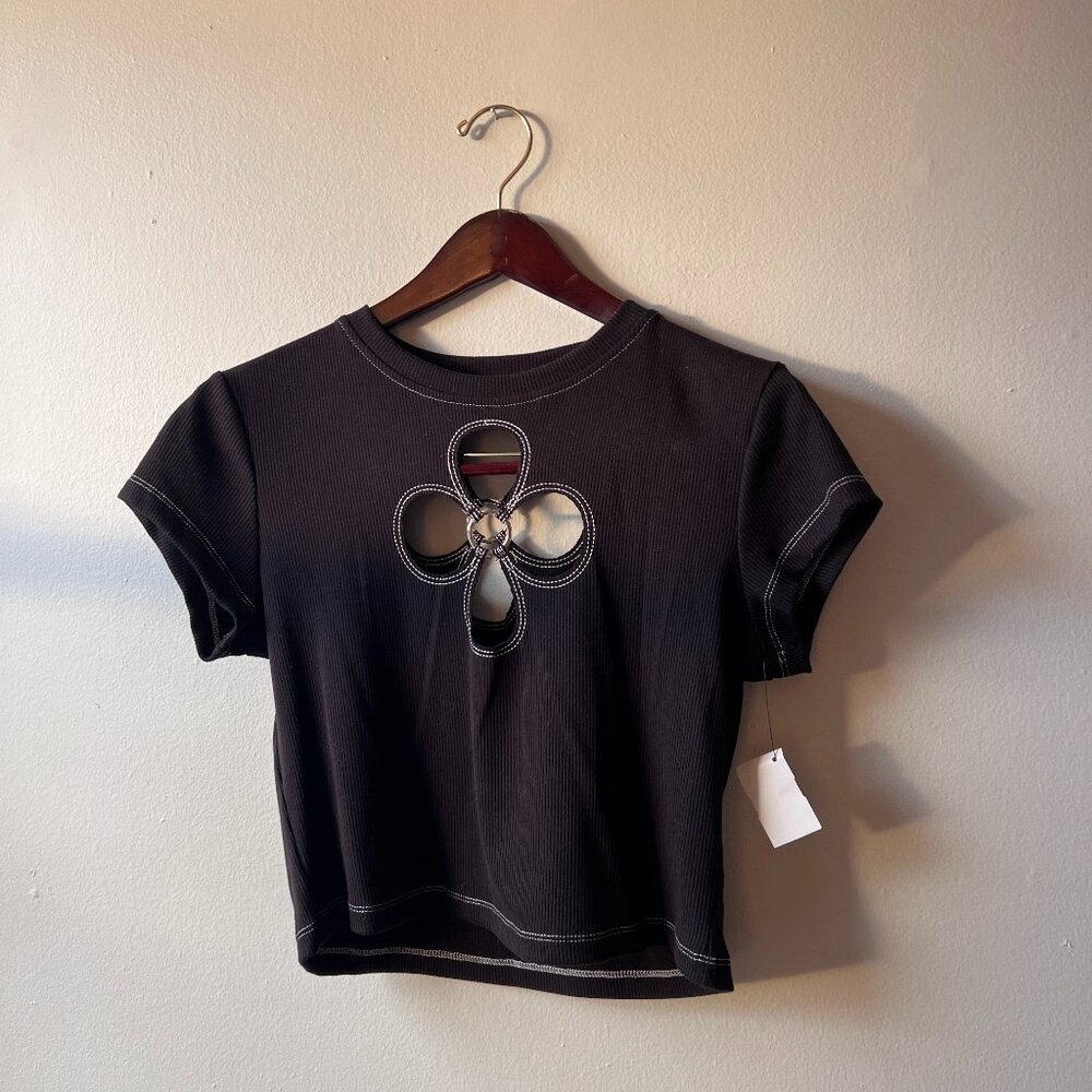 AKIRA FLOWER CUTOUT TEE & MATCHING FLARE PANT WITH SILVER DETAILING